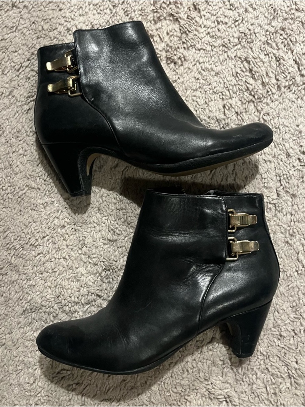 Sam Edelman Black Leather Ankle Boots with Gold Buckle Accents